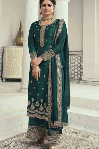 Teal green silk georgette semi stitched suit with embroidery sequence work