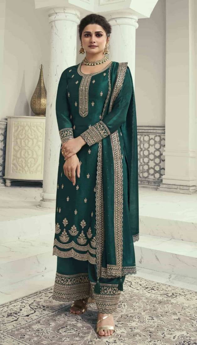 Teal green silk georgette semi stitched suit with embroidery sequence work