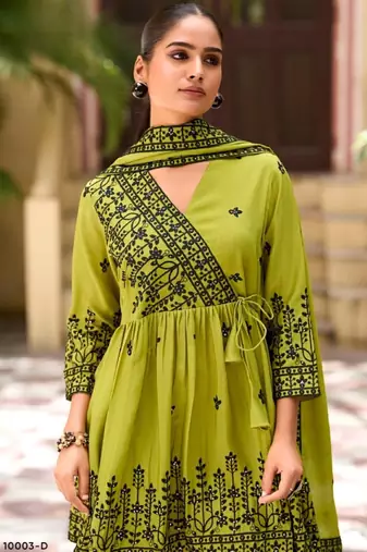 Mehendi chinon readymade sharara suit with embroidery 