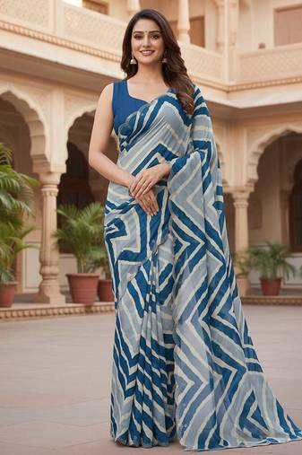 chiffon lehriya design pattern dimond  work in cutwork border saree with mono banglori blouse piece