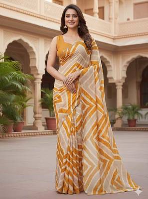 chiffon lehriya design pattern dimond  work in cutwork border saree with mono banglori blouse piece 1