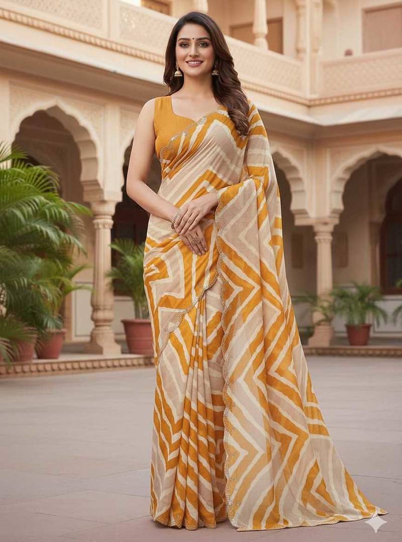 chiffon lehriya design pattern dimond  work in cutwork border saree with mono banglori blouse piece