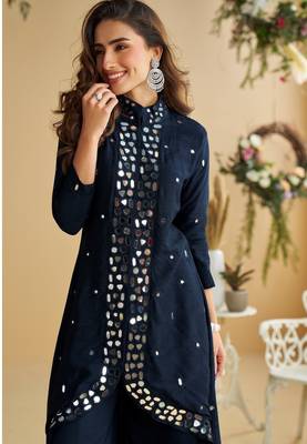 Black silk stylish readymade suit with real mirror  3