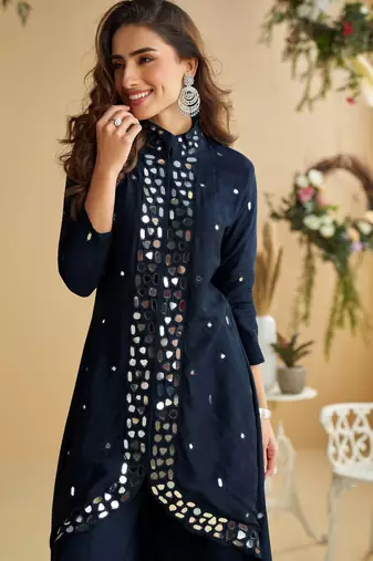 Black silk stylish readymade suit with real mirror 