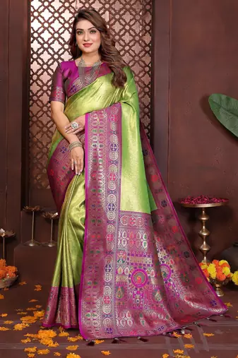green color banarasi tissue silk blend blend fabric woven rich paithani designer saree
