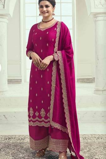 Rani pink silk georgette semi stitched suit with embroidery sequence work