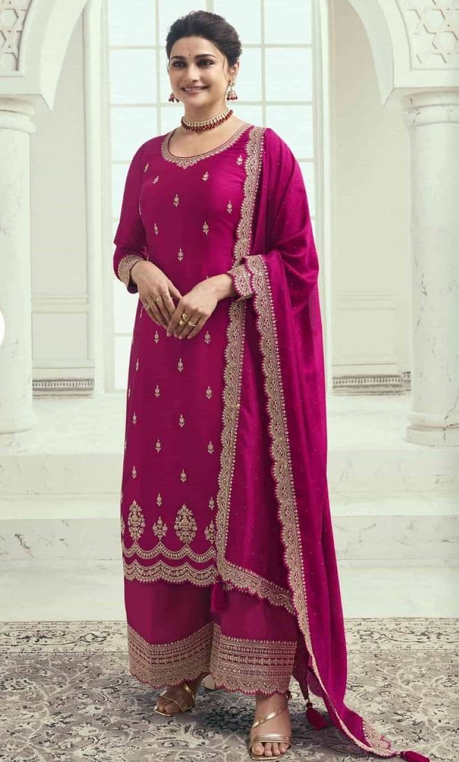 Rani pink silk georgette semi stitched suit with embroidery sequence work