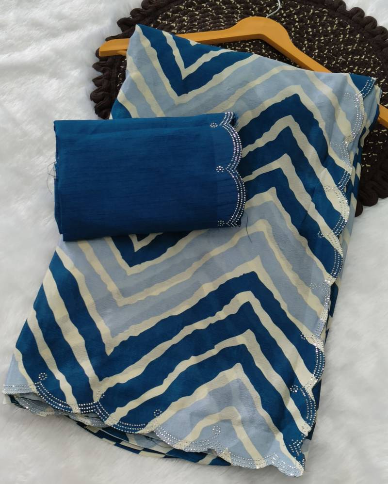 chiffon lehriya design pattern dimond  work in cutwork border saree with mono banglori blouse piece