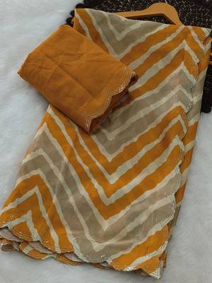 chiffon lehriya design pattern dimond  work in cutwork border saree with mono banglori blouse piece 2