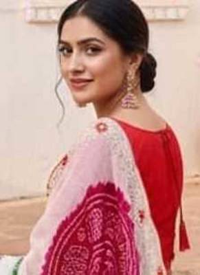 soft georgette with laddu bandhni print saree with sober pitha work embroidery saree with blouse piece  1