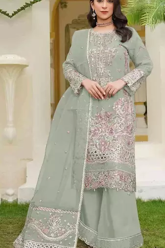 Green fox georgette semi stitched suit with embroidery sequence work