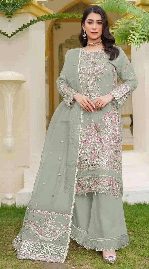 Green fox georgette semi stitched suit with embroidery sequence work