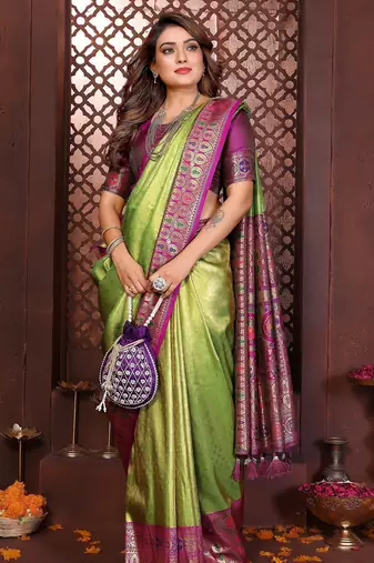 green faux banarasi tissue silk blend blend woven rich paithani saree