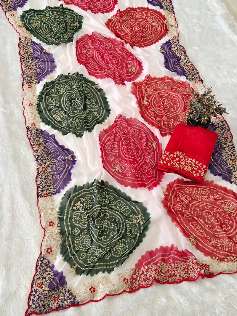 soft georgette with laddu bandhni print saree with sober pitha work embroidery saree with blouse piece 