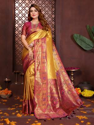 mustard faux banarasi tissue silk blend blend woven rich paithani saree 1