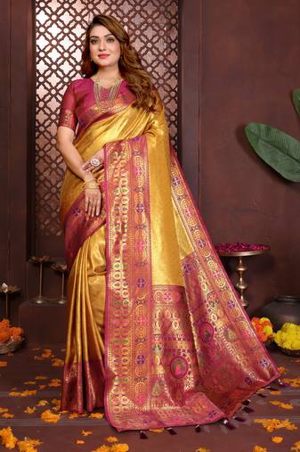 mustard color banarasi tissue silk blend blend fabric woven rich paithani designer saree