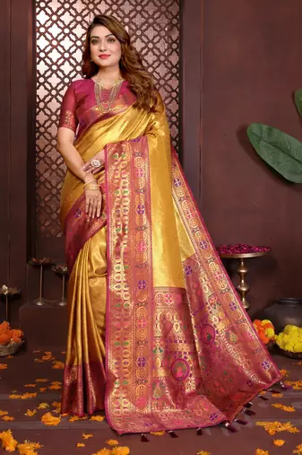 mustard color banarasi tissue silk blend blend fabric woven rich paithani designer saree