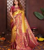 mustard color banarasi tissue silk blend blend fabric woven rich paithani designer saree