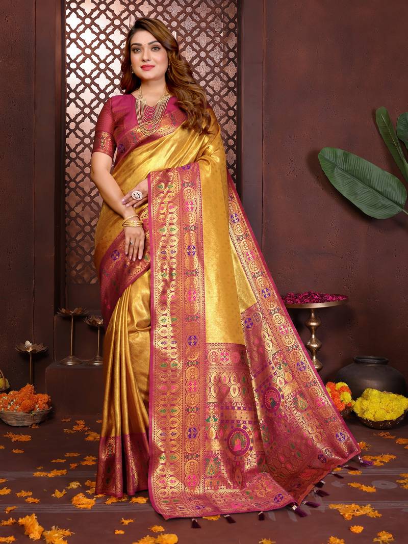 mustard color banarasi tissue silk blend blend fabric woven rich paithani designer saree