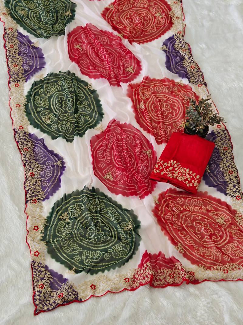 soft georgette with laddu bandhni print saree with sober pitha work embroidery saree with blouse piece 