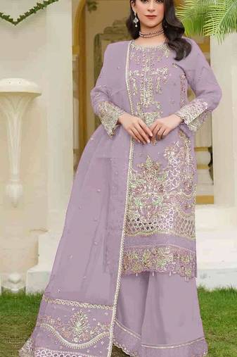 Lavender fox georgette semi stitched suit with embroidery sequence work