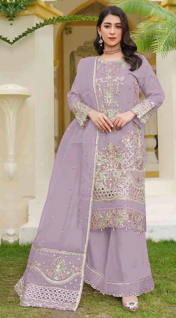 Lavender fox georgette semi stitched suit with embroidery sequence work
