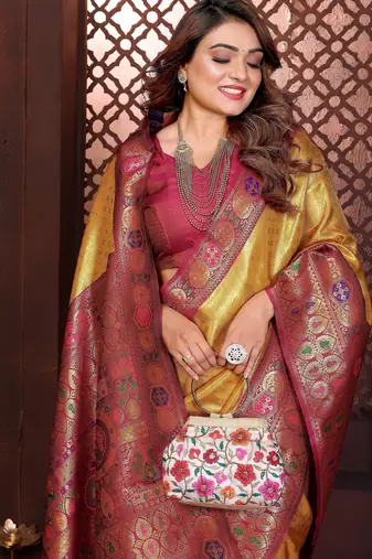 mustard faux banarasi tissue silk blend blend woven rich paithani saree