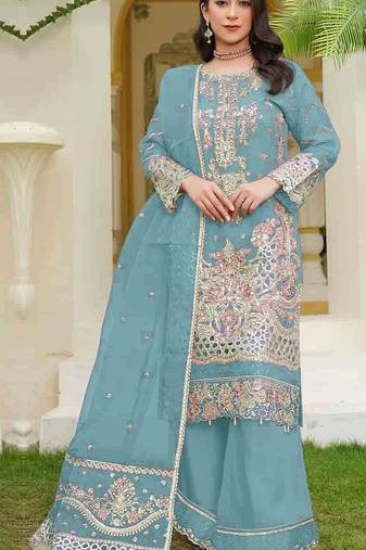 Sky blue fox georgette semi stitched suit with embroidery sequence work
