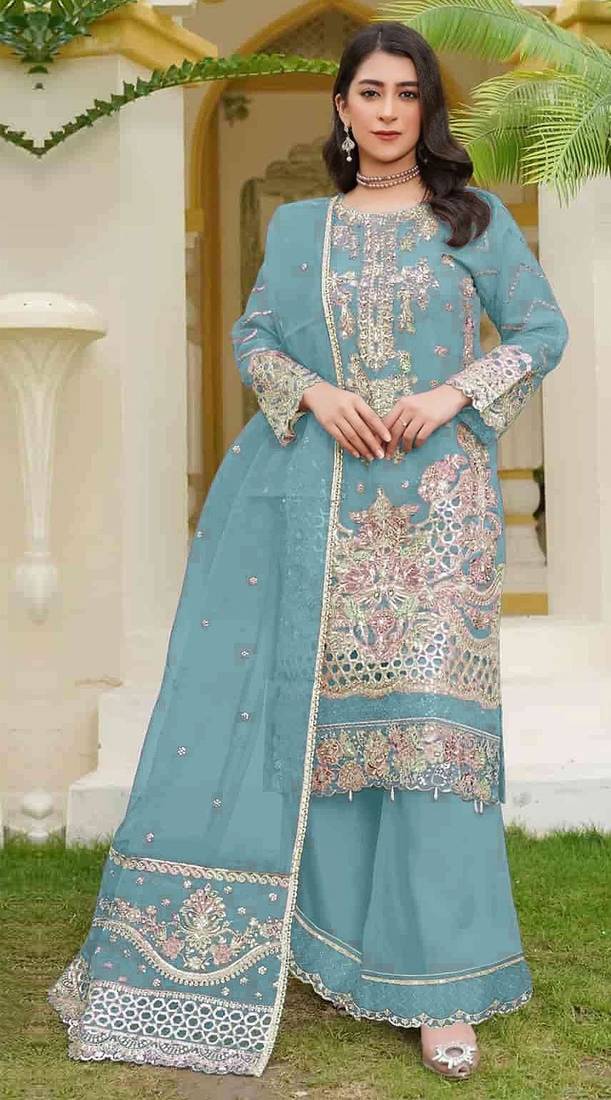 Sky blue fox georgette semi stitched suit with embroidery sequence work