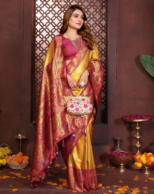 mustard faux banarasi tissue silk blend blend woven rich paithani saree 5