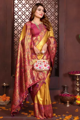 mustard faux banarasi tissue silk blend blend woven rich paithani saree