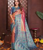 pink color banarasi tissue silk blend blend fabric woven rich paithani designer saree