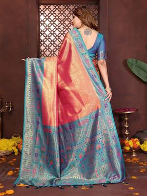 pink faux banarasi tissue silk blend blend woven rich paithani saree 3