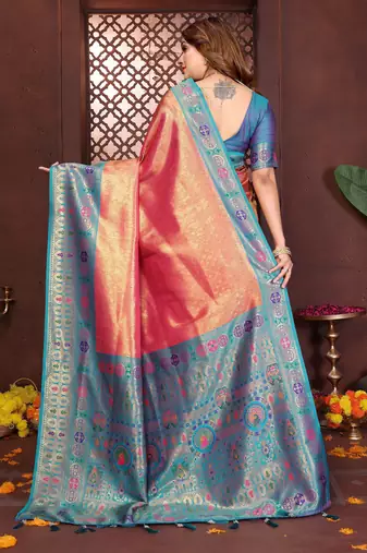 pink faux banarasi tissue silk blend blend woven rich paithani saree
