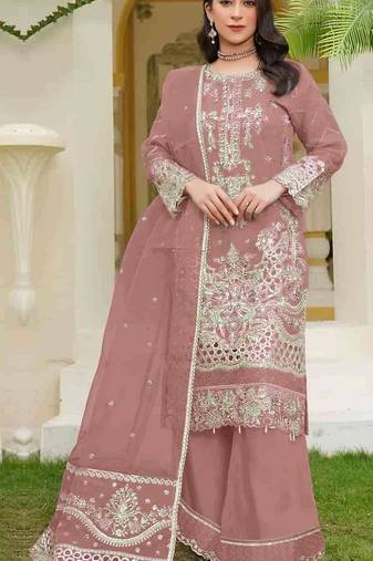 Brown fox georgette semi stitched suit with embroidery sequence work