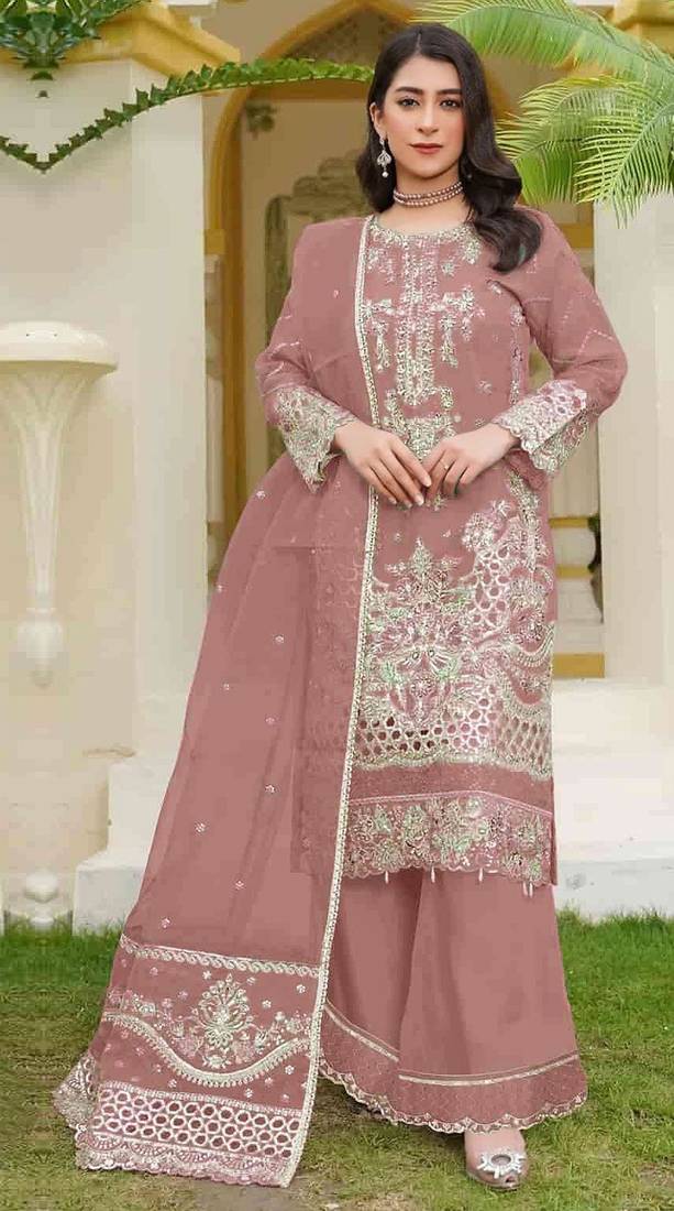 Brown fox georgette semi stitched suit with embroidery sequence work