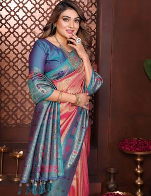 pink faux banarasi tissue silk blend blend woven rich paithani saree 4