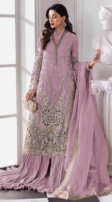 Lavender fox georgette semi stitched suit with embroidery sequence work 1