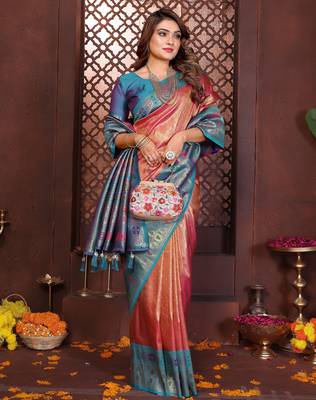 pink faux banarasi tissue silk blend blend woven rich paithani saree 5
