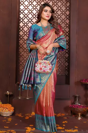 pink faux banarasi tissue silk blend blend woven rich paithani saree