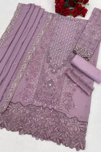 Lavender fox georgette semi stitched suit with embroidery sequence work