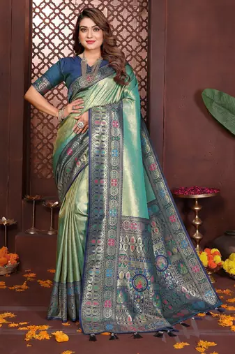 sea green color banarasi tissue silk blend blend fabric woven rich paithani designer saree