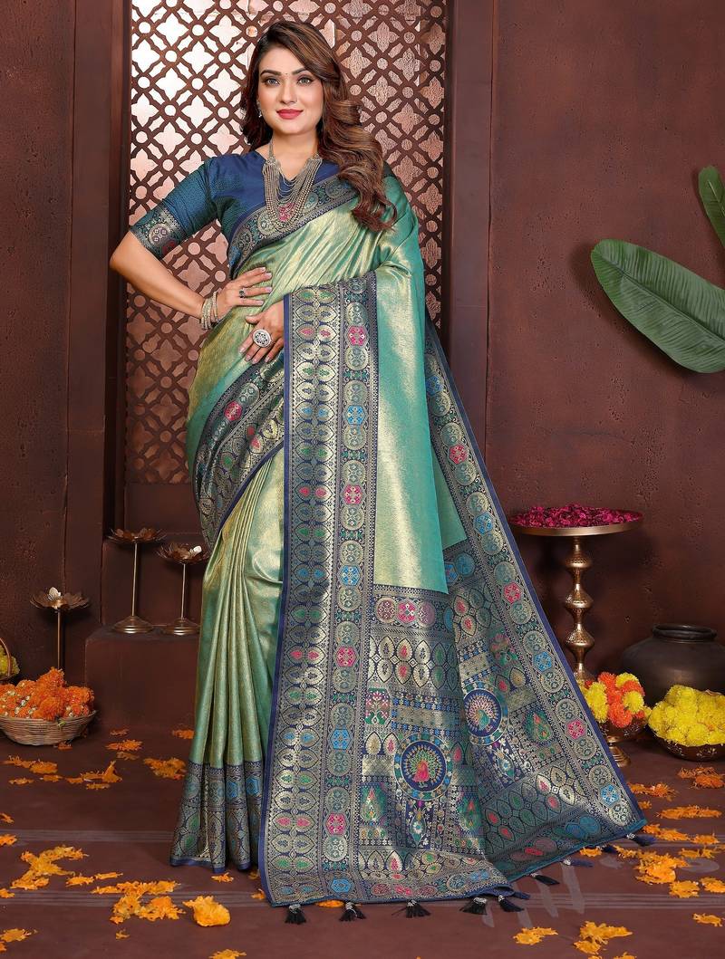 sea green color banarasi tissue silk blend blend fabric woven rich paithani designer saree