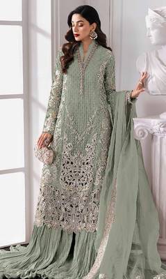 Green fox georgette semi stitched suit with embroidery sequence work 1