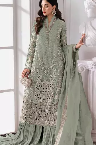 Green fox georgette semi stitched suit with embroidery sequence work