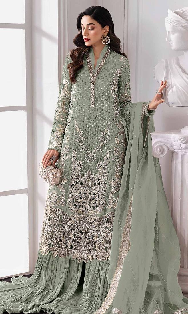 Green fox georgette semi stitched suit with embroidery sequence work