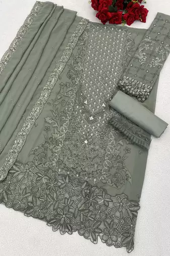 Green fox georgette semi stitched suit with embroidery sequence work