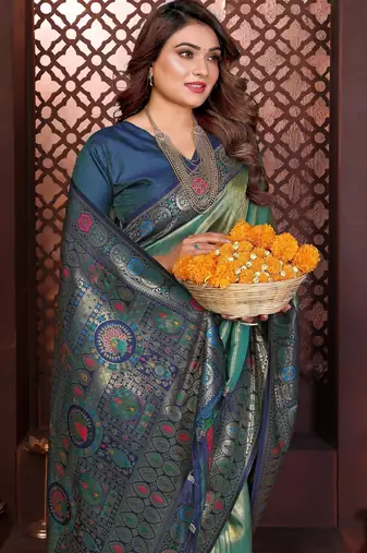 sea green faux banarasi tissue silk blend blend woven rich paithani saree