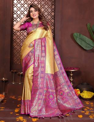 yellow faux banarasi tissue silk blend blend woven rich paithani saree 1