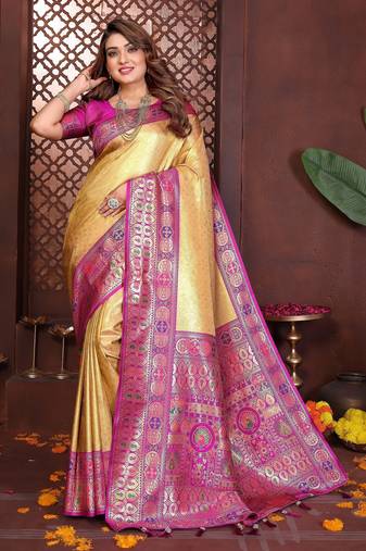 yellow color banarasi tissue silk blend blend fabric woven rich paithani designer saree